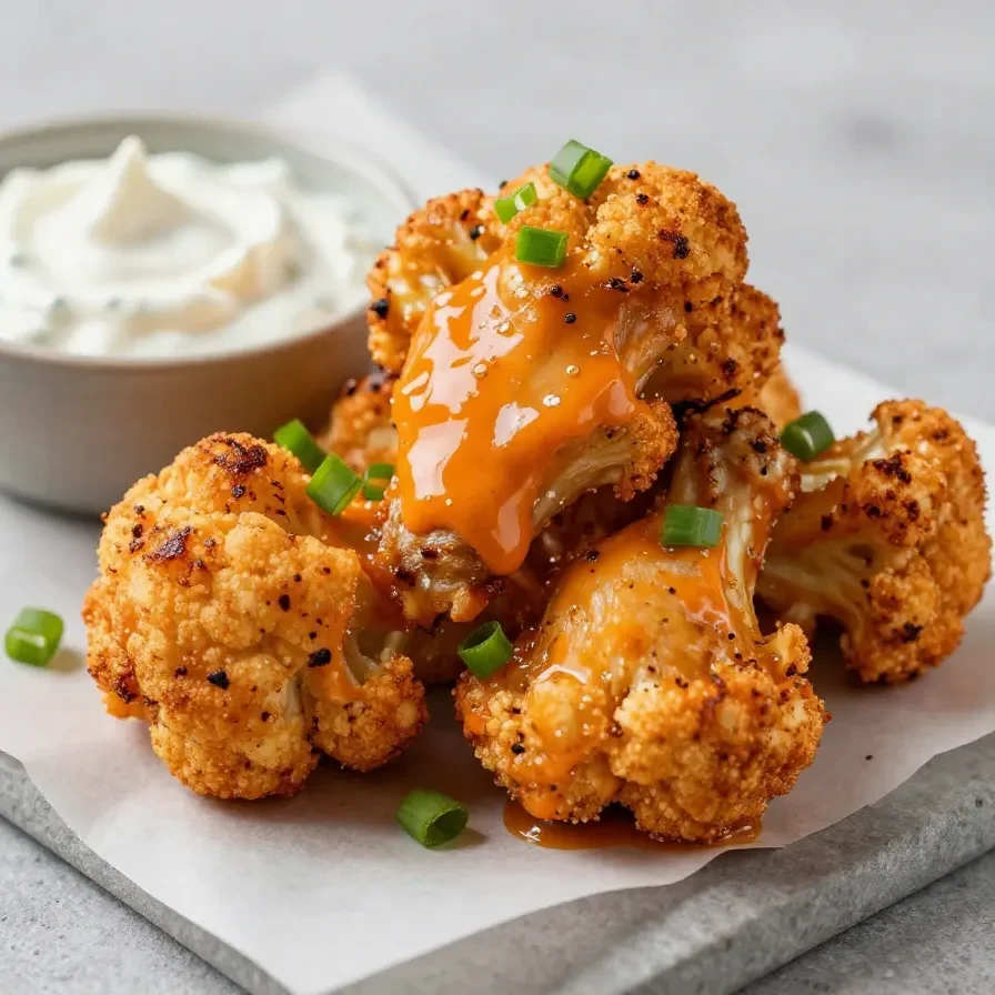 A bowl of crispy buffalo cauliflower wings served with ranch dip and celery sticks