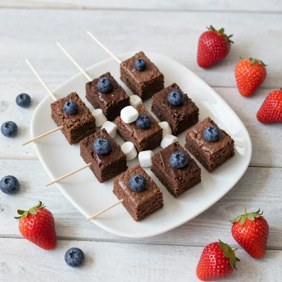 Fourth of July brownie kabobs with brownies, strawberries, blueberries, and marshmallows on wooden skewers