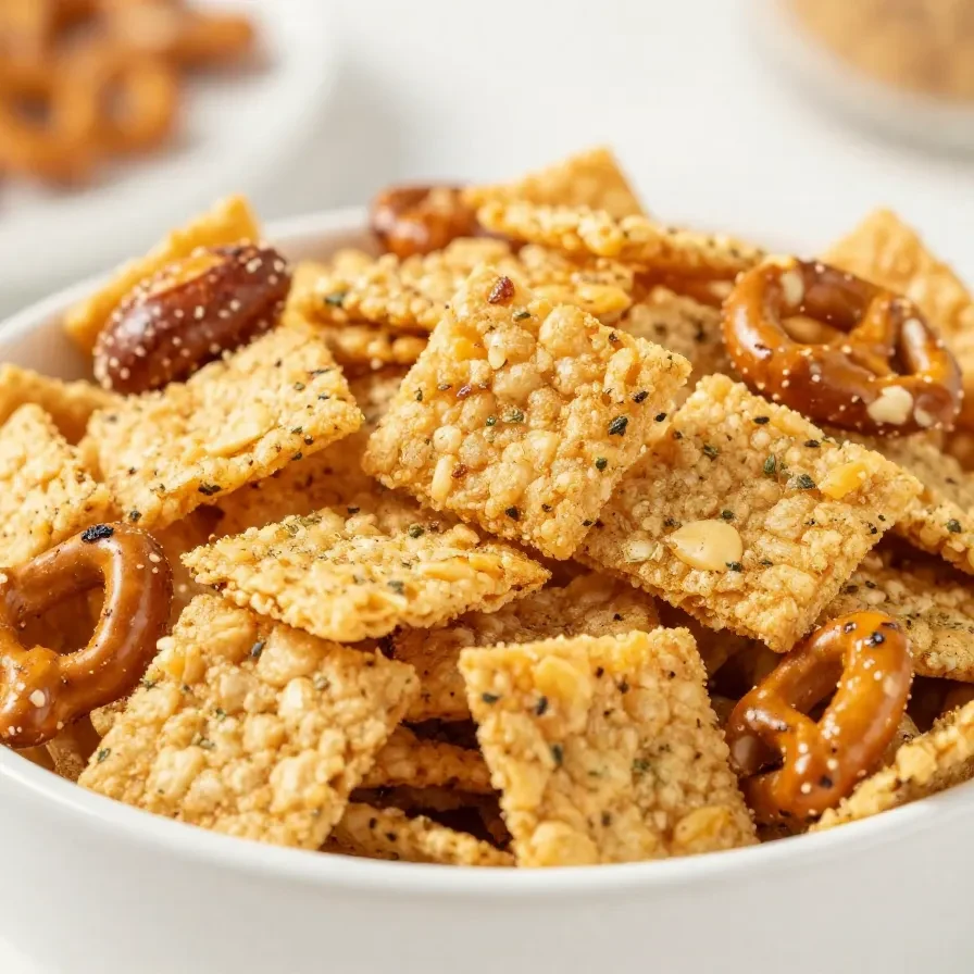 A bowl of ranch trail mix snack mix with pretzels, nuts, crackers, and seasoned bites on a rustic table.