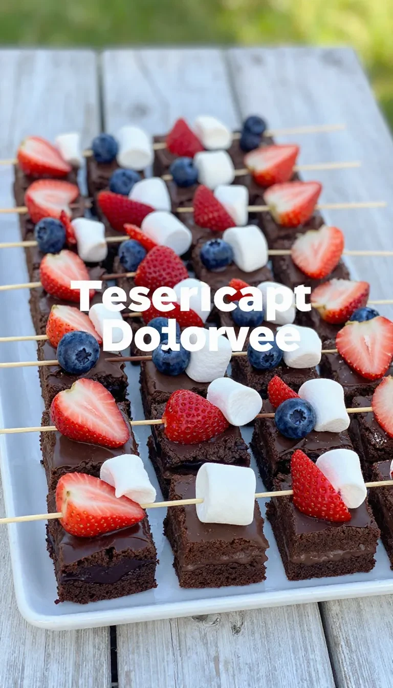 Fourth of July brownie kabobs with brownies, strawberries, blueberries, and marshmallows on wooden skewers