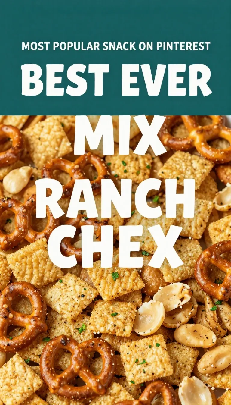 A bowl of ranch trail mix snack mix with pretzels, nuts, crackers, and seasoned bites on a rustic table.