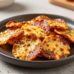 Crispy pepperoni cheese crisps arranged on a plate as an easy low carb snack