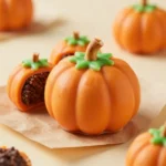 Pumpkin Oreo balls coated in orange chocolate with green icing stems on a white plate