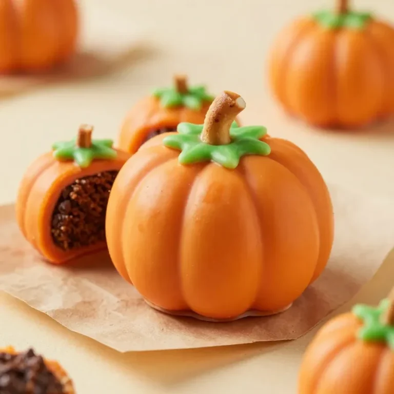 Pumpkin Oreo Balls Pumpkin Oreo balls coated in orange chocolate with green icing stems on a white plate