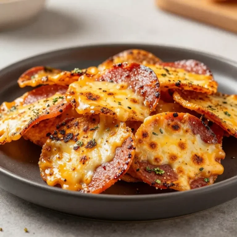 Crispy pepperoni cheese crisps arranged on a plate as an easy low carb snack