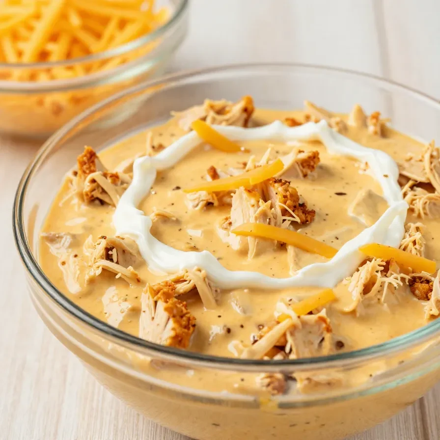 Creamy buffalo chicken dip served in a baking dish with celery sticks and tortilla chips on the side