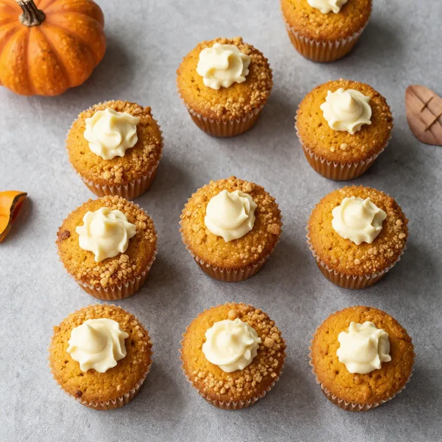 Freshly baked keto pumpkin cream cheese muffins topped with a creamy swirl on a plate