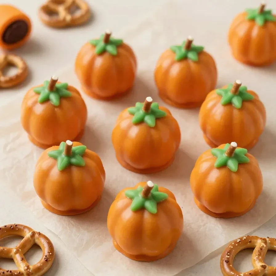 Pumpkin Oreo balls coated in orange chocolate with green icing stems on a white plate