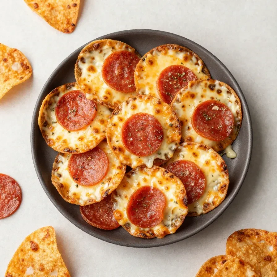 Crispy pepperoni cheese crisps arranged on a plate as an easy low carb snack