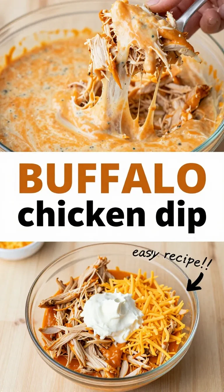 Creamy buffalo chicken dip served in a baking dish with celery sticks and tortilla chips on the side