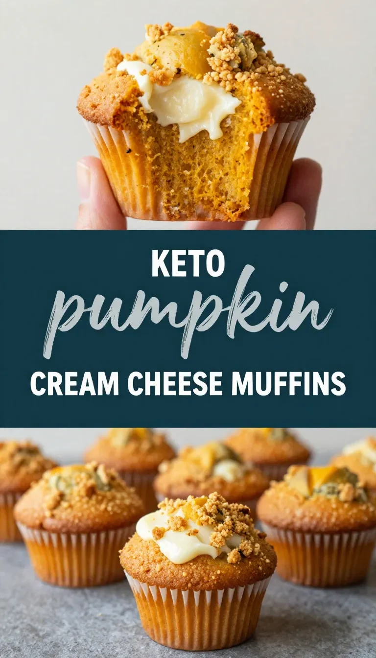 Freshly baked keto pumpkin cream cheese muffins topped with a creamy swirl on a plate