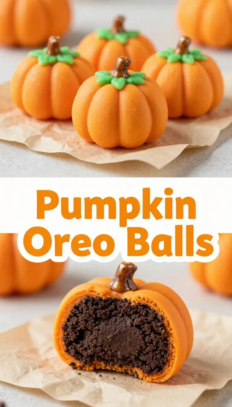Pumpkin Oreo balls coated in orange chocolate with green icing stems on a white plate