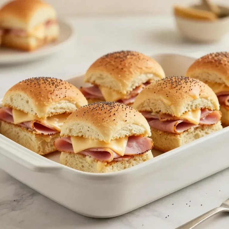 Ham and Cheese Sliders Baked ham and cheese sliders on a baking tray with melted cheese and golden-brown tops