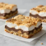 Close-up of layered s’mores cookie bars with graham cracker crumbs, melted chocolate, and toasted marshmallows on top.