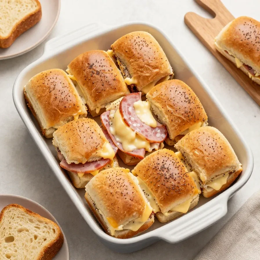 Baked ham and cheese sliders on a baking tray with melted cheese and golden-brown tops