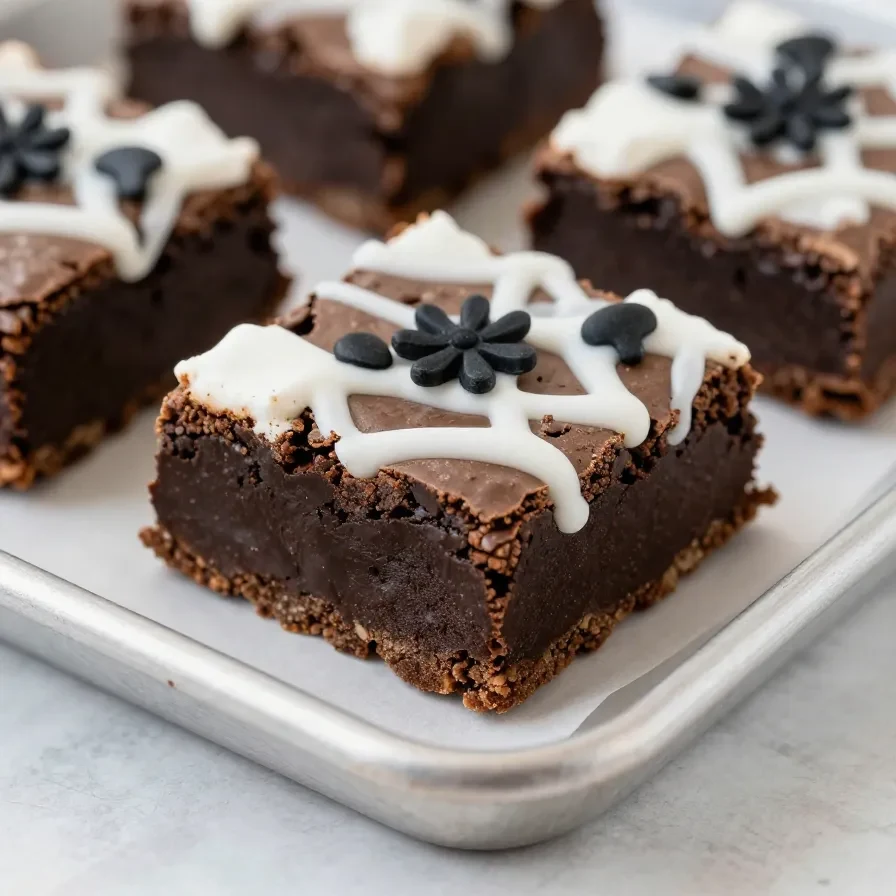 Fudgy Halloween brownies decorated with orange and black icing, candy eyes, and festive sprinkles on a dark tray