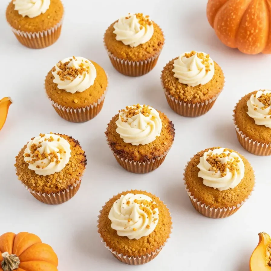 Low carb pumpkin muffins with a cream cheese swirl on top, arranged on a plate.