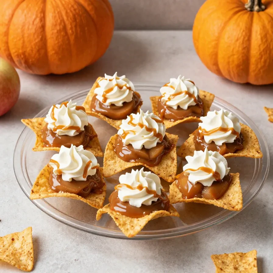 Apple pie nachos with crisp cinnamon sugar tortilla chips topped with warm spiced apples, caramel drizzle, and whipped cream