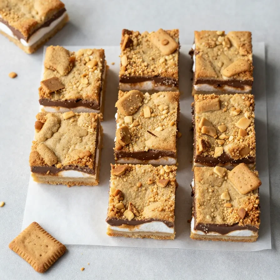 Close-up of layered s’mores cookie bars with graham cracker crumbs, melted chocolate, and toasted marshmallows on top.