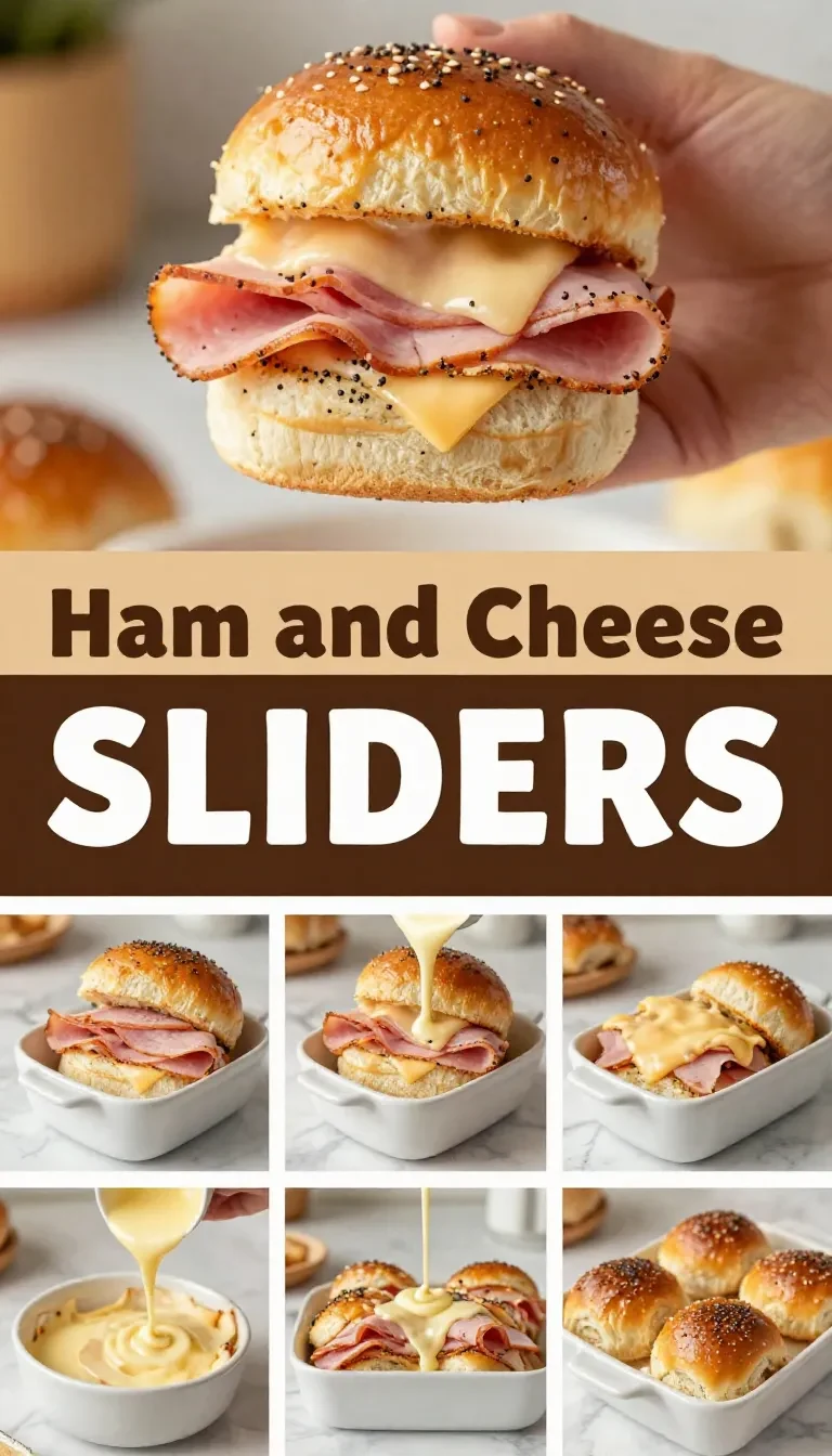 Baked ham and cheese sliders on a baking tray with melted cheese and golden-brown tops