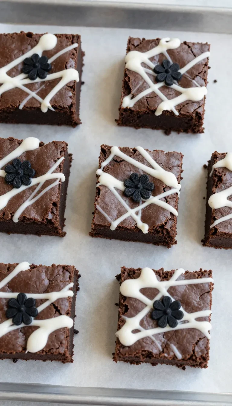 Fudgy Halloween brownies decorated with orange and black icing, candy eyes, and festive sprinkles on a dark tray