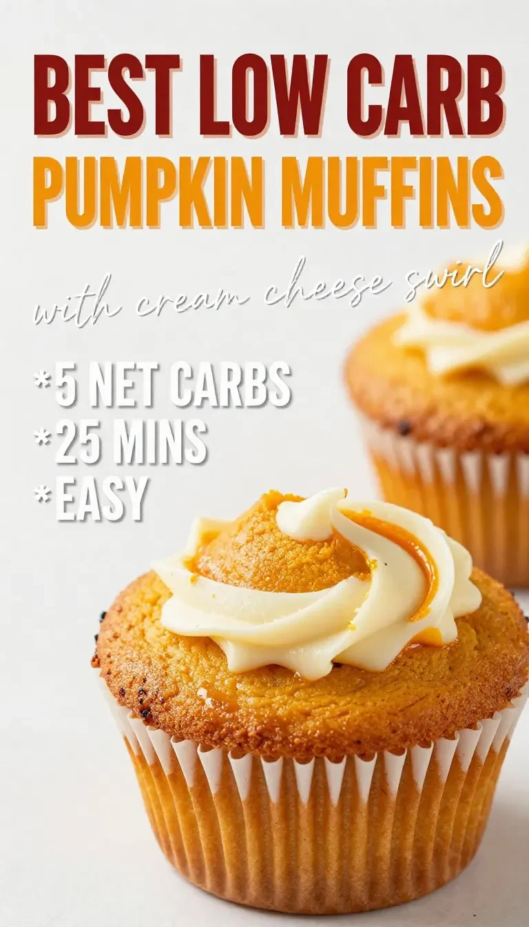 Low carb pumpkin muffins with a cream cheese swirl on top, arranged on a plate.