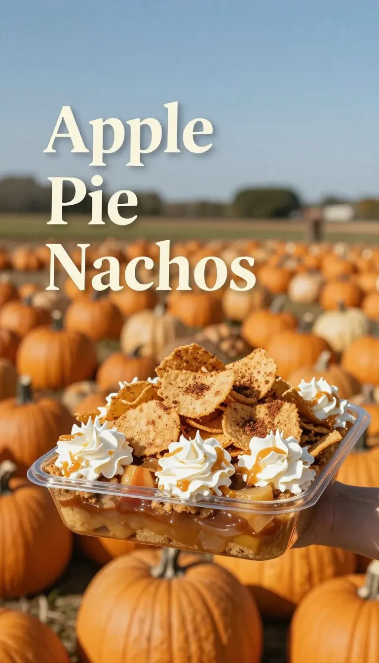 Apple pie nachos with crisp cinnamon sugar tortilla chips topped with warm spiced apples, caramel drizzle, and whipped cream