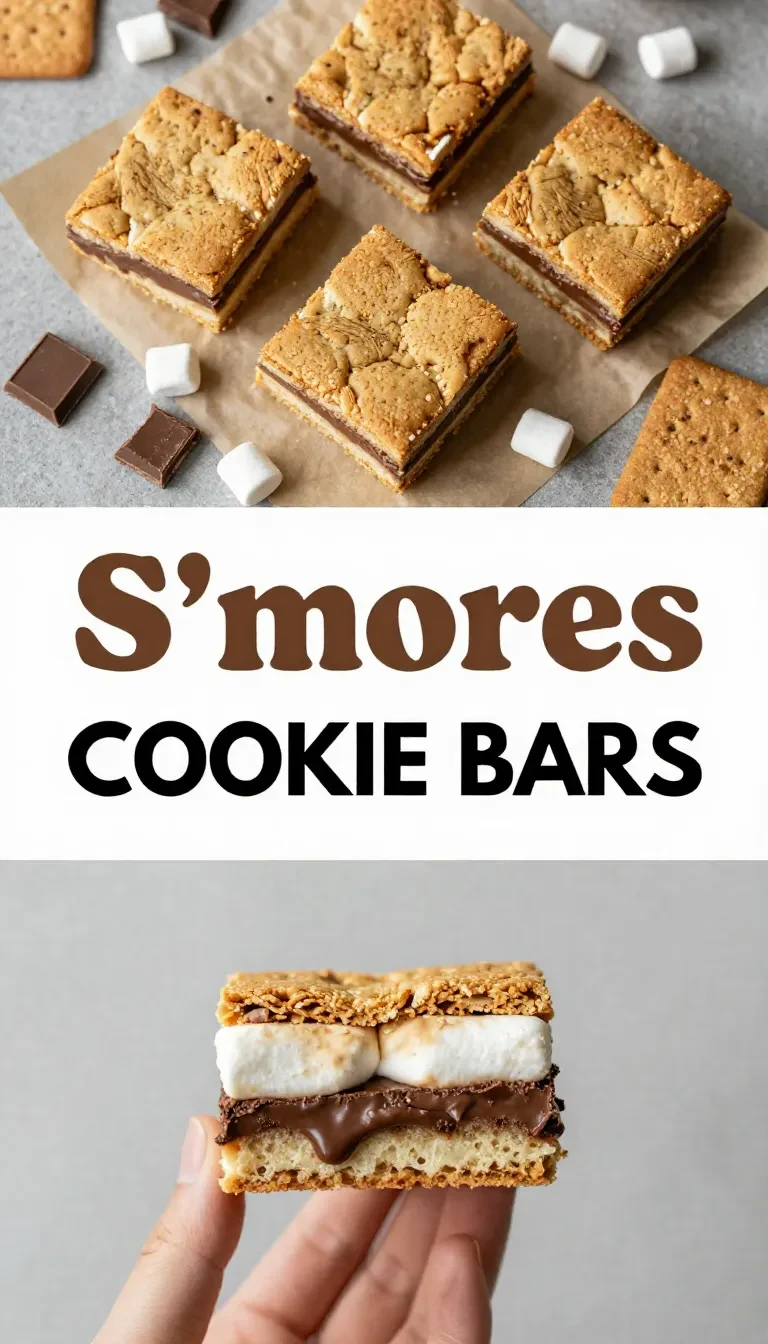 Close-up of layered s’mores cookie bars with graham cracker crumbs, melted chocolate, and toasted marshmallows on top.