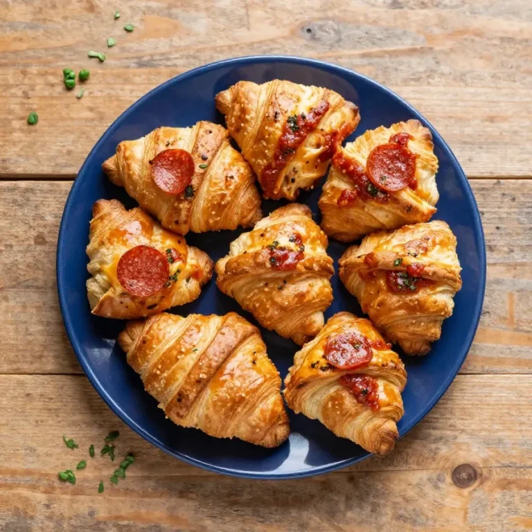 Golden baked croissants filled with melted cheese and pepperoni slices, served on a tray for game day.