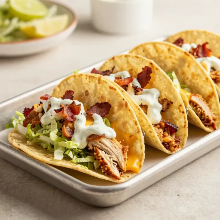 Baked chicken bacon ranch tacos topped with melted cheese and fresh green onions on a baking tray