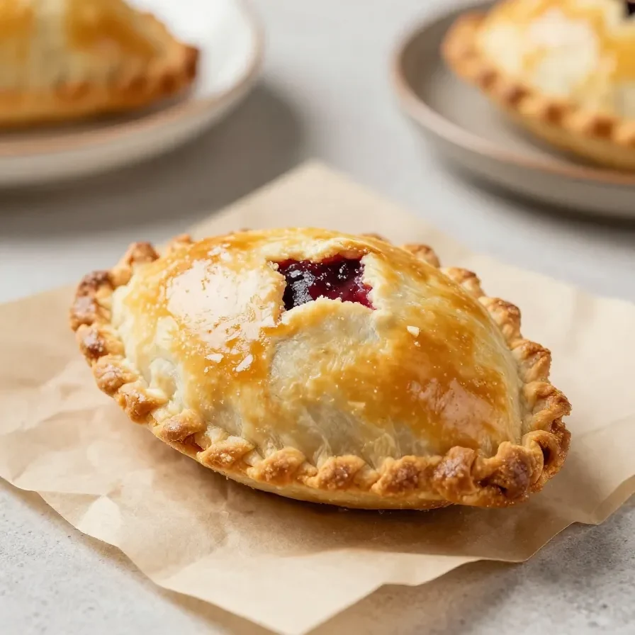 Mini face pies arranged on a baking tray with golden crusts and playful decorative pastry features.