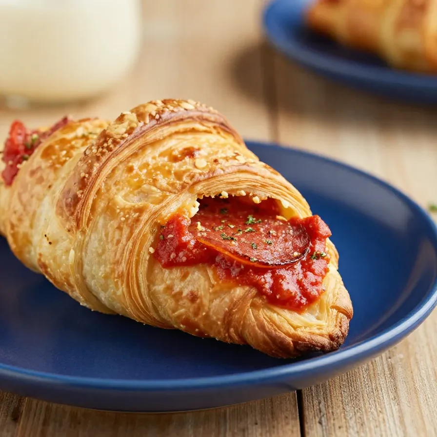 Golden baked croissants filled with melted cheese and pepperoni slices, served on a tray for game day.