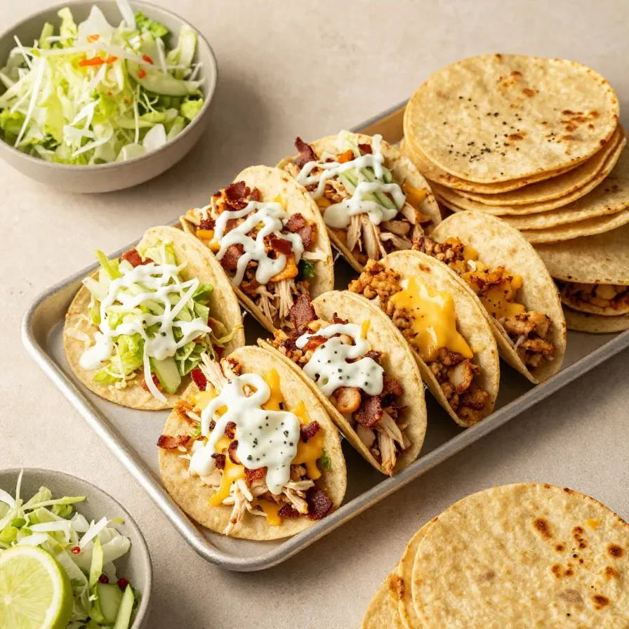 Baked chicken bacon ranch tacos topped with melted cheese and fresh green onions on a baking tray