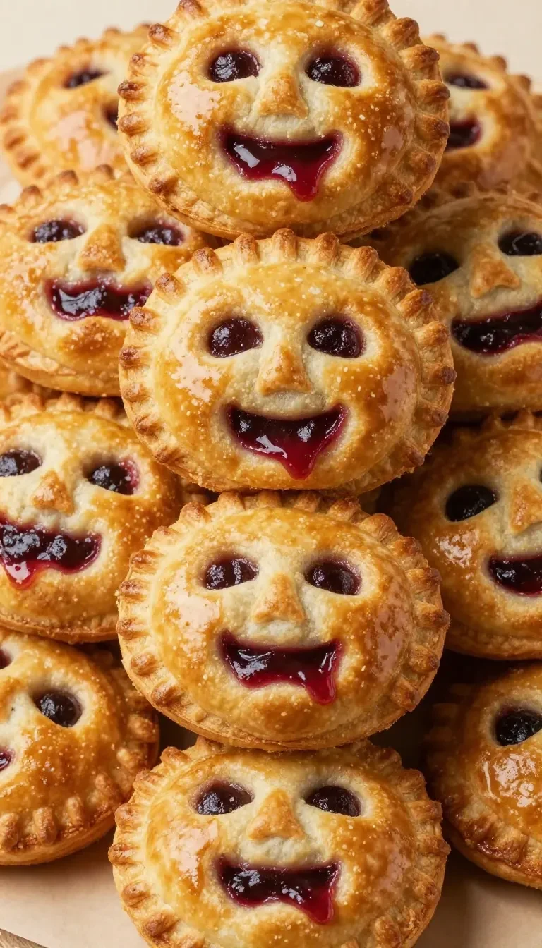 Mini face pies arranged on a baking tray with golden crusts and playful decorative pastry features.