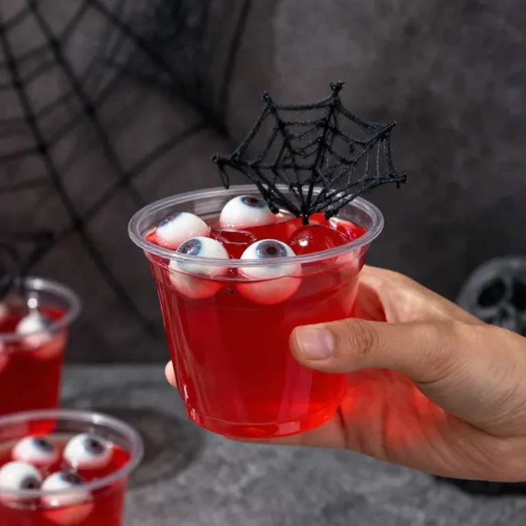 Halloween eyeball gelatin shots served in clear cups with spooky red and green layers and gummy eyeball toppers