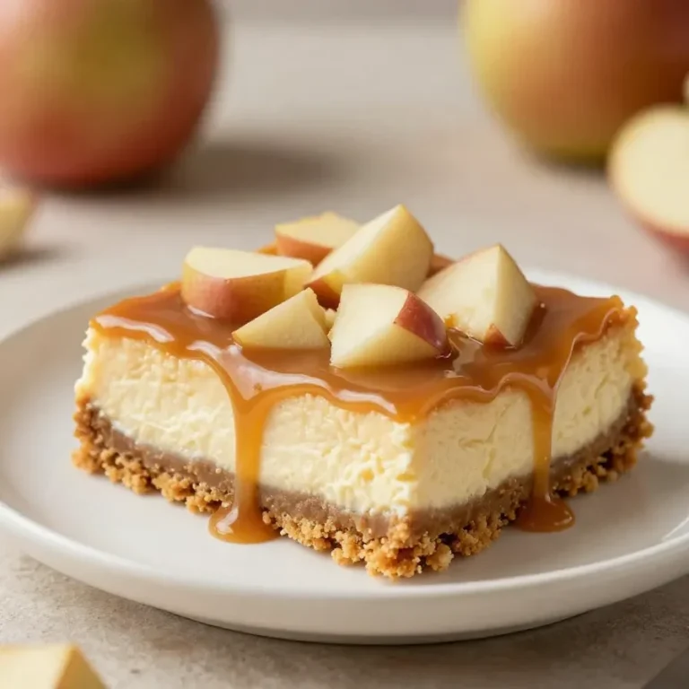 Slice of caramel apple cheesecake bars with a buttery crust, creamy cheesecake layer, spiced apple topping, and caramel drizzle