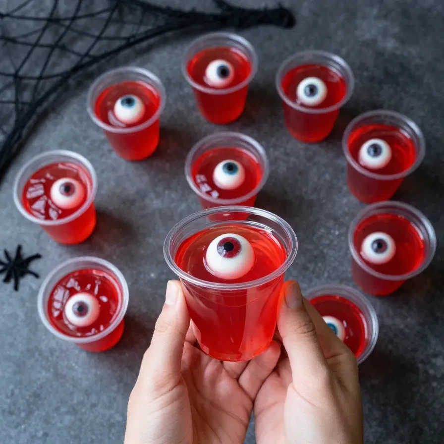 Halloween eyeball gelatin shots served in clear cups with spooky red and green layers and gummy eyeball toppers