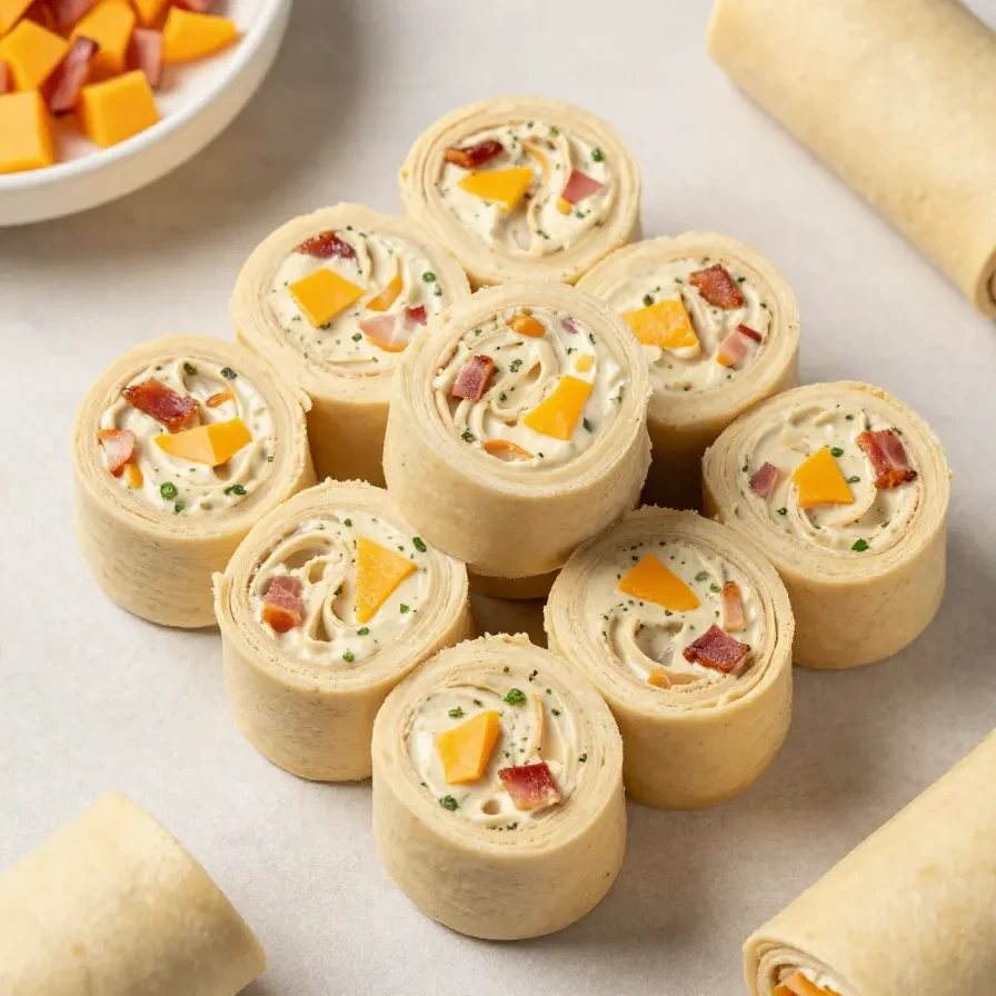 Overhead view of bacon ranch pinwheels sliced into bite-sized spirals on a serving platter