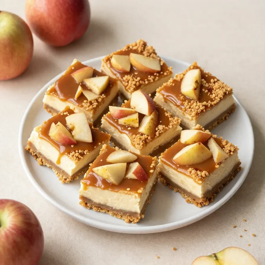 Slice of caramel apple cheesecake bars with a buttery crust, creamy cheesecake layer, spiced apple topping, and caramel drizzle