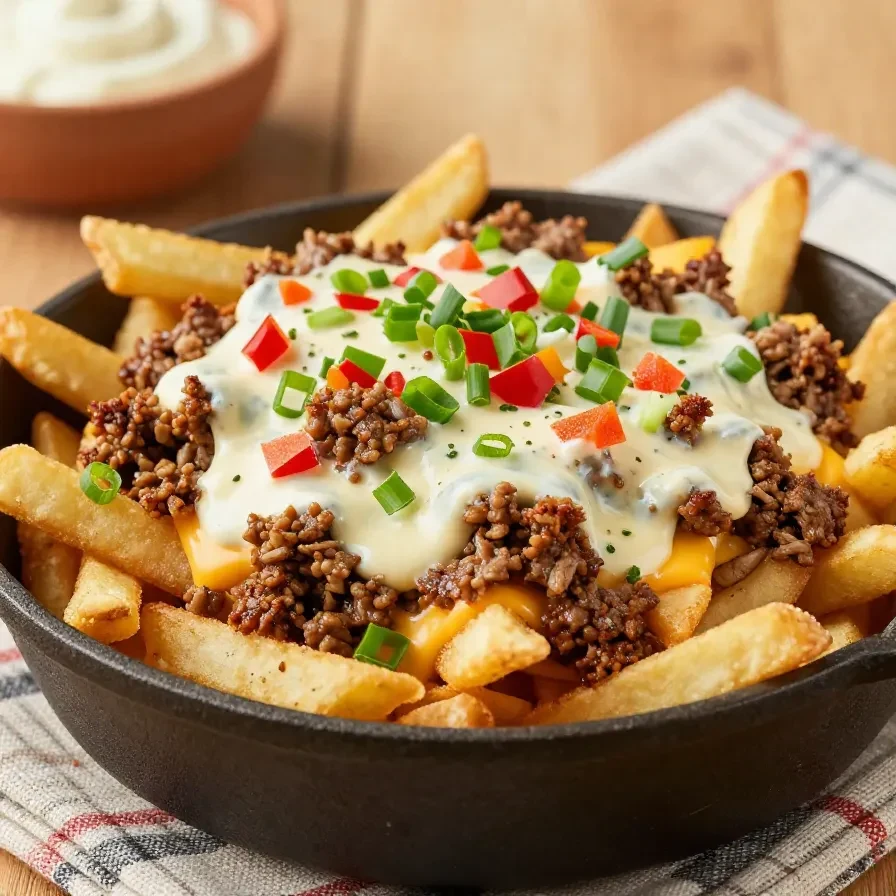 A plate of Cajun dirty loaded fries topped with seasoned ground meat, melted cheese, green onions, and a drizzle of creamy sauce.
