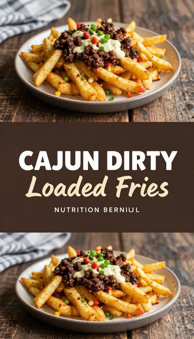 A plate of Cajun dirty loaded fries topped with seasoned ground meat, melted cheese, green onions, and a drizzle of creamy sauce.