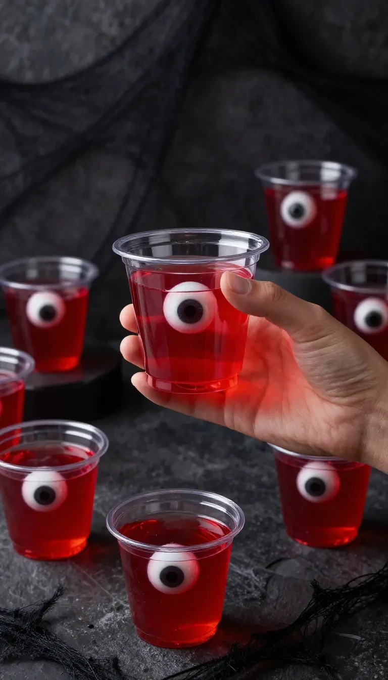 Halloween eyeball gelatin shots served in clear cups with spooky red and green layers and gummy eyeball toppers