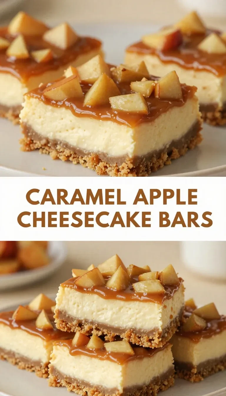Slice of caramel apple cheesecake bars with a buttery crust, creamy cheesecake layer, spiced apple topping, and caramel drizzle