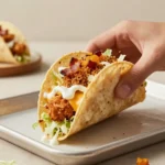 Crispy chicken bacon ranch tacos topped with melted cheese and baked in the oven on a serving plate.