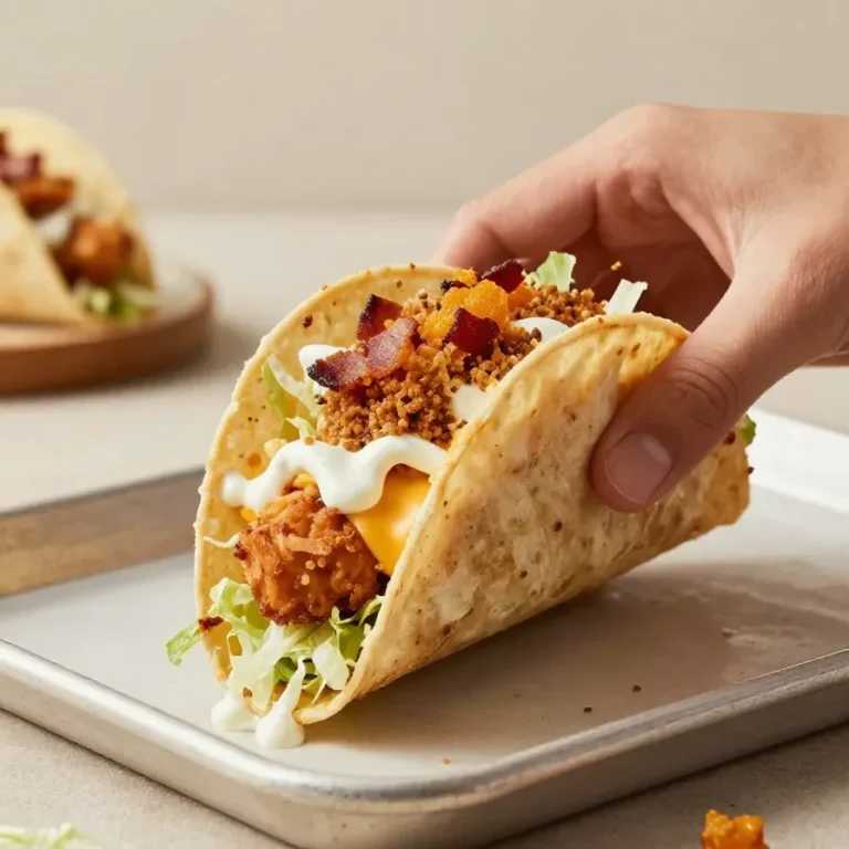 Crispy chicken bacon ranch tacos topped with melted cheese and baked in the oven on a serving plate.