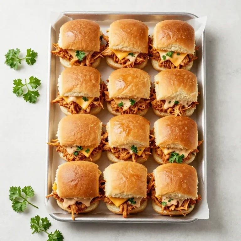 Buffalo chicken sliders on toasted buns topped with melted cheese, lettuce, and a side of ranch dressing