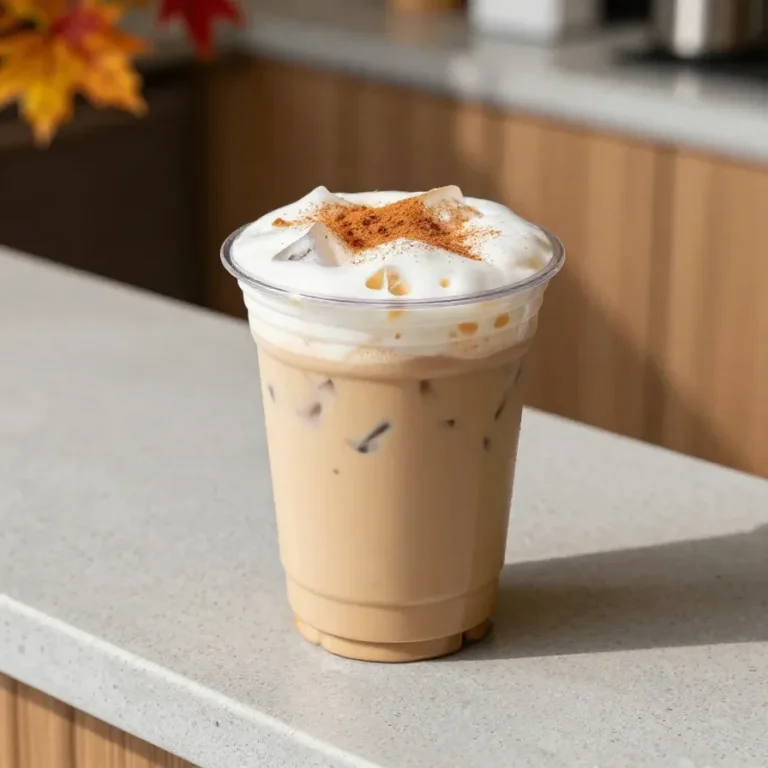 A tall glass of refreshing iced coffee with ice cubes and a straw on a bright table