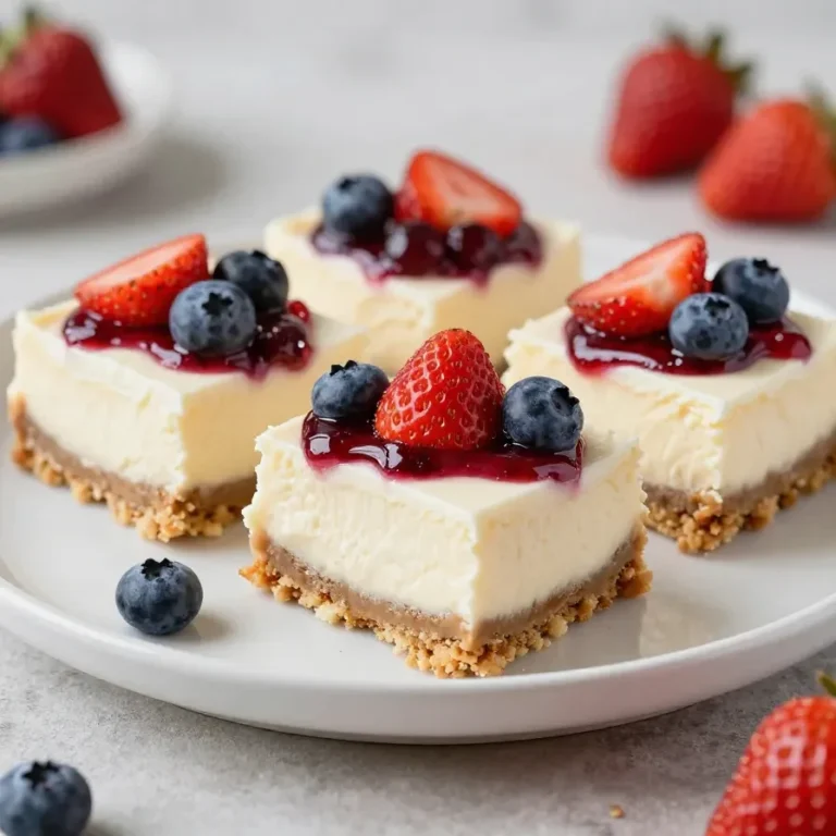 Patriotic no-bake flag cheesecake bars topped with strawberries and blueberries on a serving platter