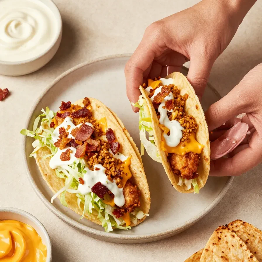 Crispy chicken bacon ranch tacos topped with melted cheese and baked in the oven on a serving plate.