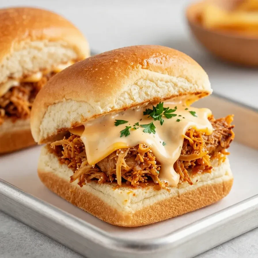 Buffalo chicken sliders on toasted buns topped with melted cheese, lettuce, and a side of ranch dressing